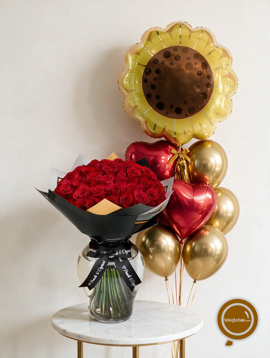 Ramo de 50 Rosas Rojas en Florero + Bouquet de Globos Girasol y Corazones -SET175-
