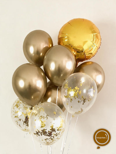 Ramo de 9 Globos inflados c/ Helio (Cromo, Transparente y Metálico) - Oro