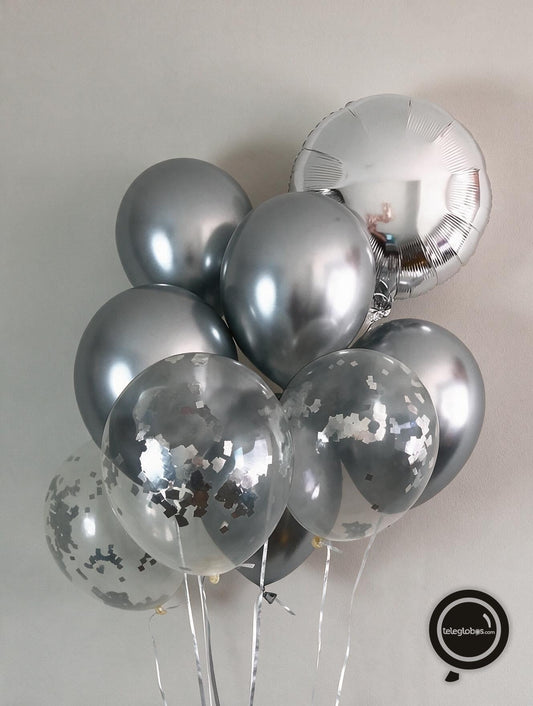 Ramo de 9 Globos inflados c/ Helio (Cromo, Transparente y Metálico) - Plata