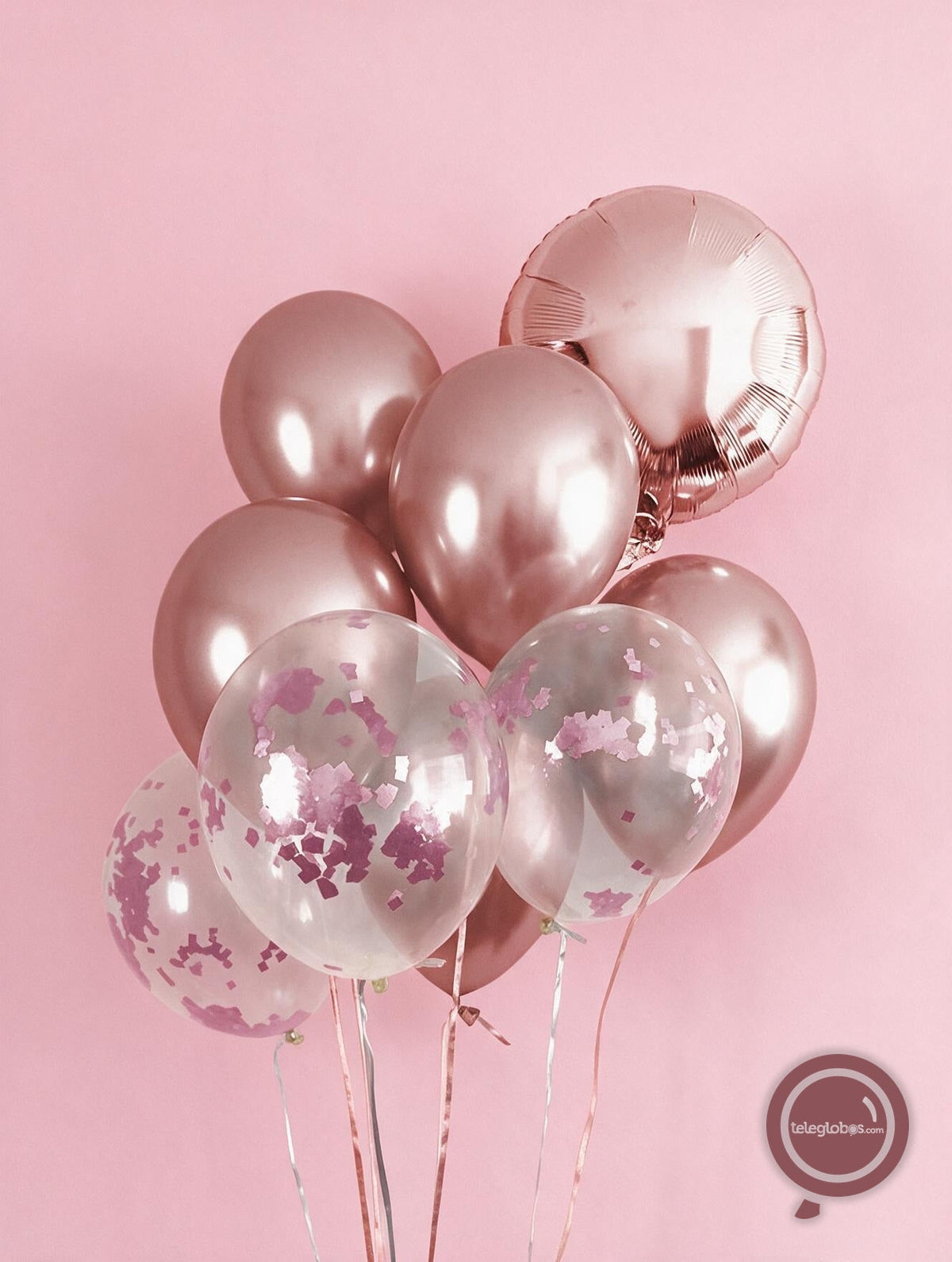Ramo de 9 Globos inflados c/ Helio (Cromo, Transparente y Metálico) - Rose Gold