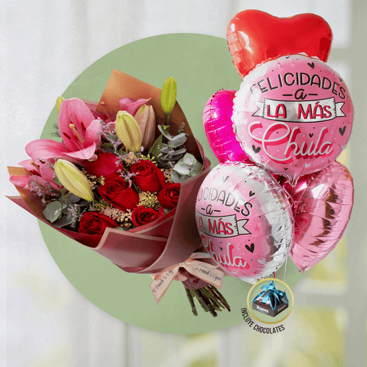 Ramillete de Rosas Rojas, Lillies y Aquilea + Bouquet de Globos -SET029-