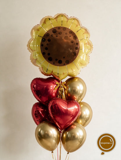 Ramo de 50 Rosas Rojas en Florero + Bouquet de Globos Girasol y Corazones -SET175-
