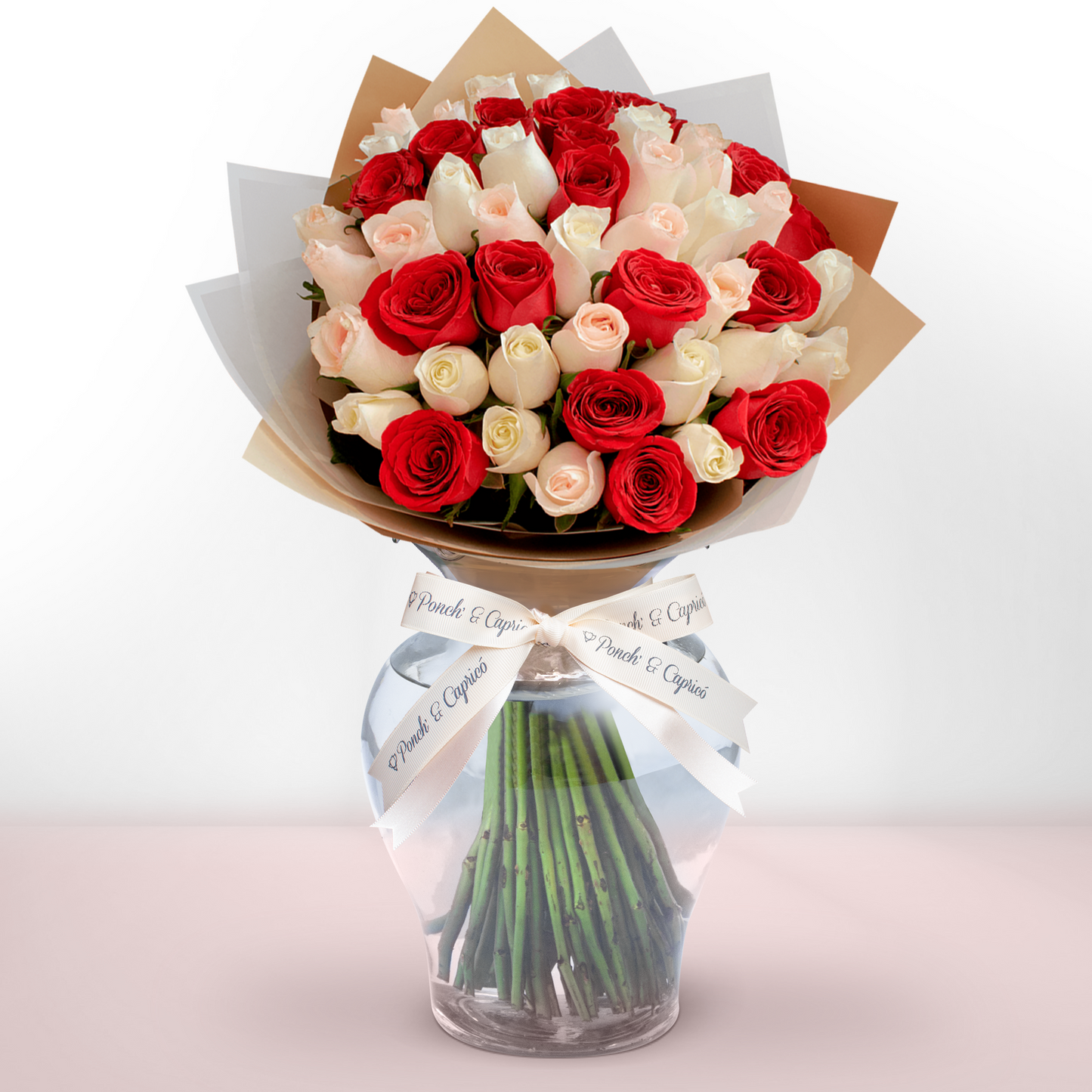 Ramo de Rosas Rojas, Beige (Peach Avalanche) y Crema (Señorita), presentación de 50, 100 o 150 rosas