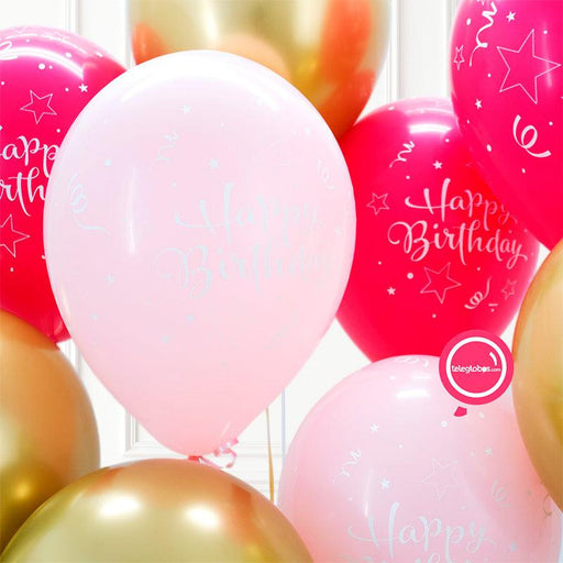 10 Globos Látex con helio -Birthday Rosas y Cromo-.