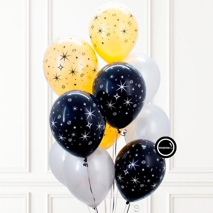10 Globos Látex con helio -Plata, dorado, negro - Sparks.