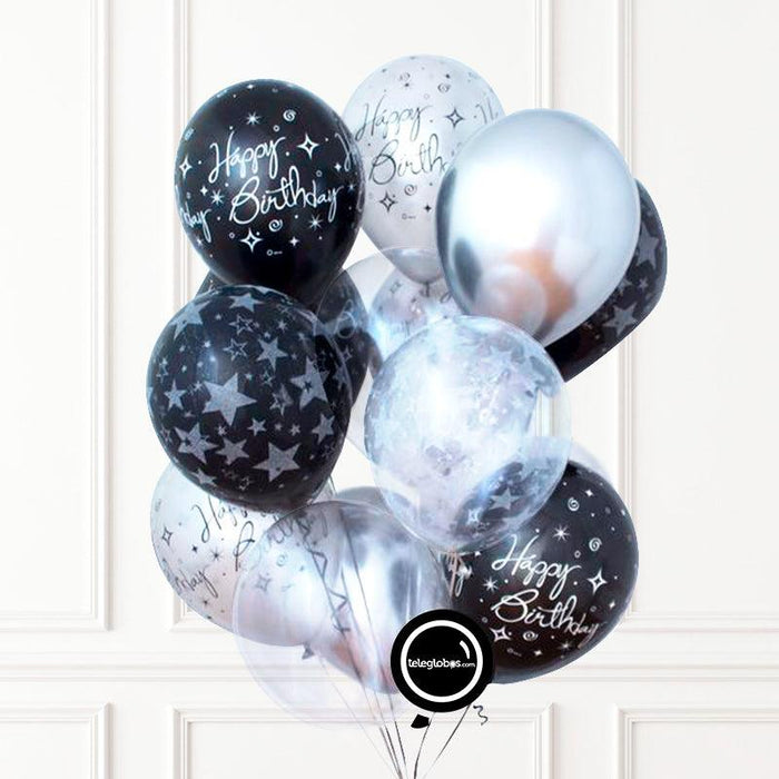14 globos inflados con helio -Cumpleaños Plata Negro-.