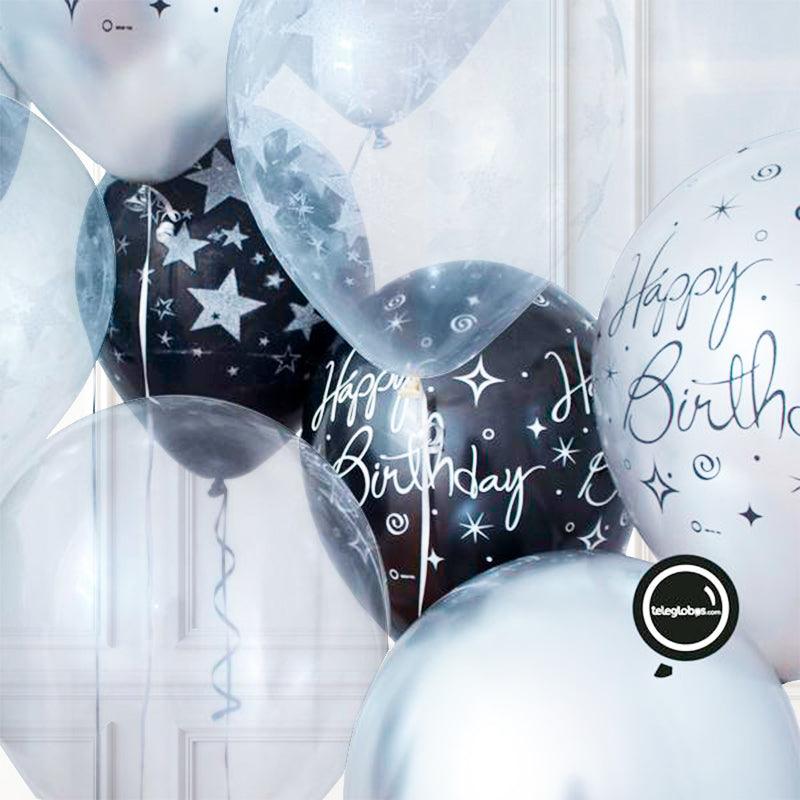 14 globos inflados con helio -Cumpleaños Plata Negro-.