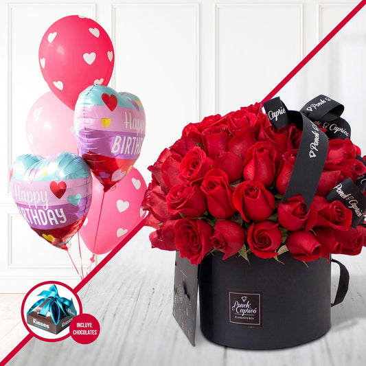 Arreglo floral de Rosas Rojas en Caja Domo con Bouquet de Globos Happy Birthday Love -SET019-