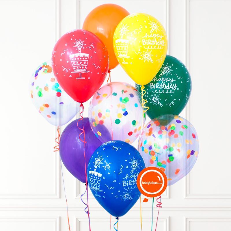 9 globos látex multicolor Cumpleaños -Pastel-