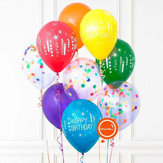 9 globos látex multicolor -Cumpleaños y Velas-