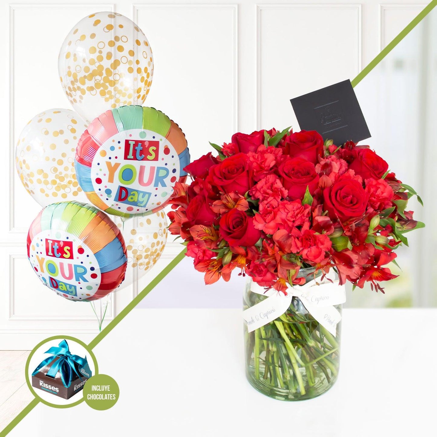 Arreglo floral con Rosas + Bouquet de Globos ¡It's your day! -SET023-