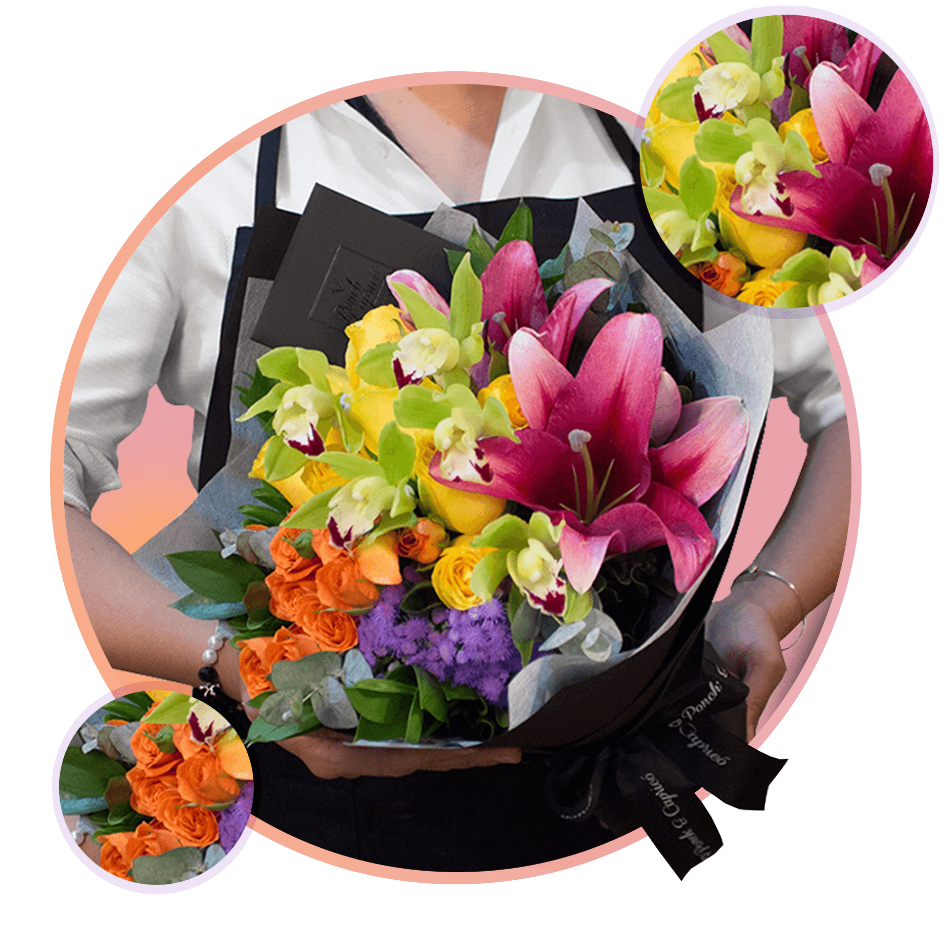 Bouquet Orquideas, Concador Rubi, Rosas y Mini Rosas. Flores a Domicilio CDMX Ponch y Caprico