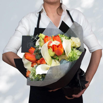 Bouquet Tulipan, Lisianthus y Alcatraz. Floreria CDMX Ponch y Caprico