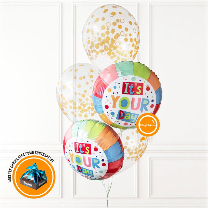 Arreglo floral con Rosas + Bouquet de Globos ¡It's your day! -SET023-