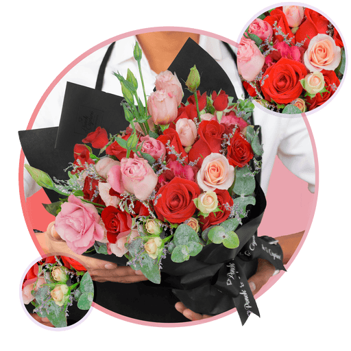 Bouquet de Rosas Rojas, Lisianthus Vino y Mini Señorita CDMX Floreria Rosas domicilio