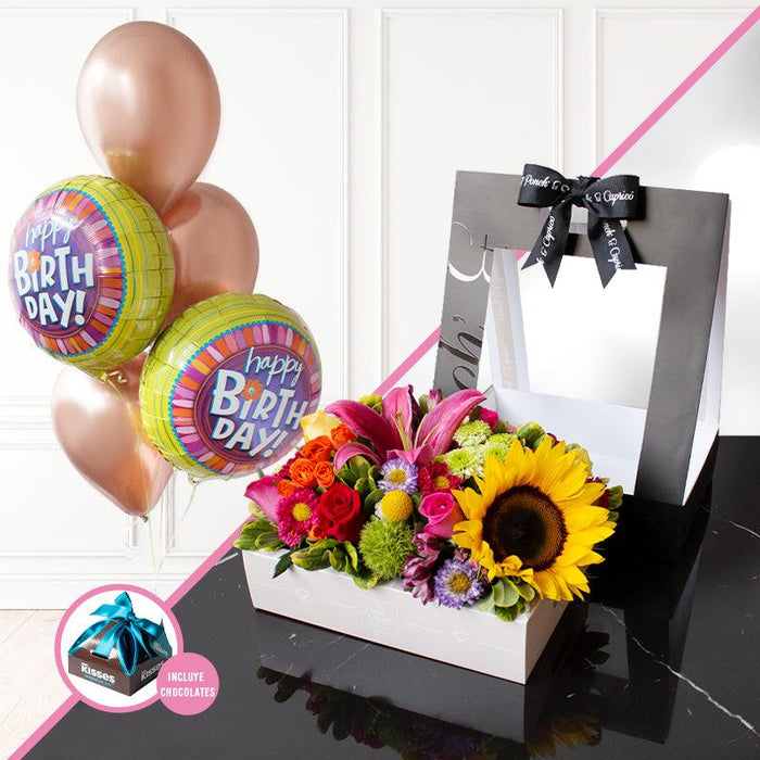 Canasta de Girasol Rosas, Mini Rosas y Rubina + Bouquet de Globos Happy Birthday Flower -SET016-