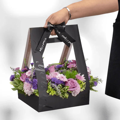 Canasta de Rosas Lila, Hortensia, Raffini y Verónica - PCAN028 -