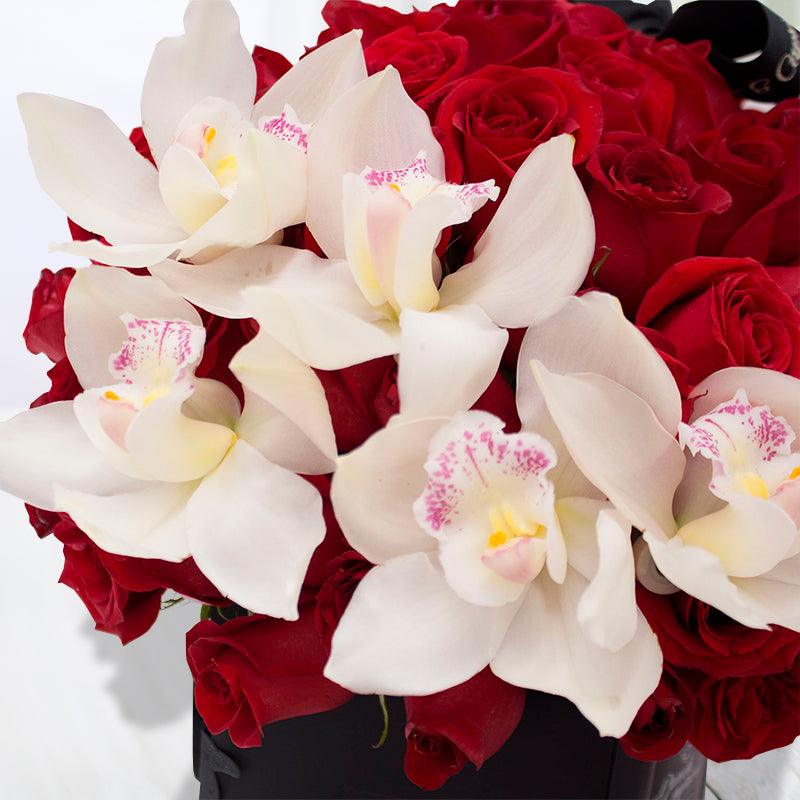 Orquídeas y 60 Rosas Rojas en Caja -Domo-. Envio de Flores a Domicilio en CDMX Ponch y Caprico.
