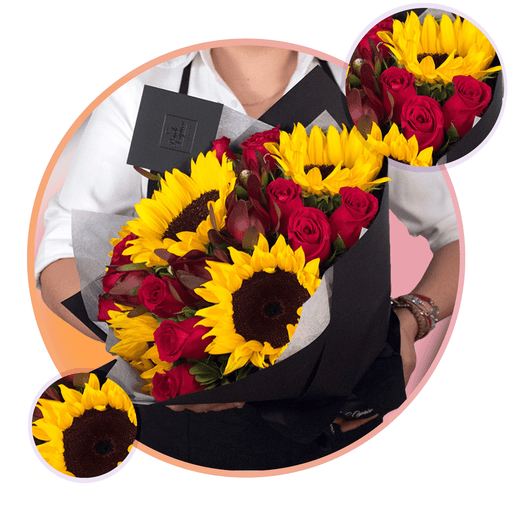 Bouquet Girasoles, Rosas Rojas y Safari + Bouquet de Globos Happy Birthday Colores -SET017-
