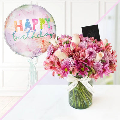Arreglo de flores + globos Orbz de cumpleaños -SET021- | Globos y Regalos Teleglobos.com.mx.