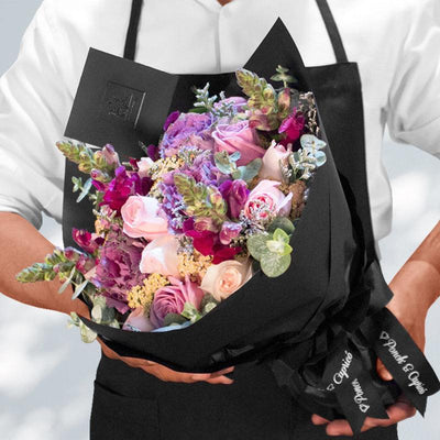 Mix lila y rosa con Rosas, Eucalipto, Limonio y Aquilea. Flores CDMX DF Mexico Ponch y Caprico