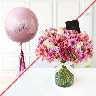 Arreglo de flores + globos Orbz de cumpleaños -SET021- | Globos y Regalos Teleglobos.com.mx.