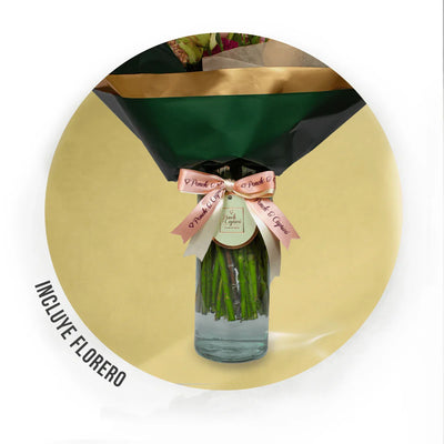 Orquídeas Amarillas, Rosas Náuticas, Lisianthus Místico, Rosas Peach Avalanche y Eucalipto -ALA022-