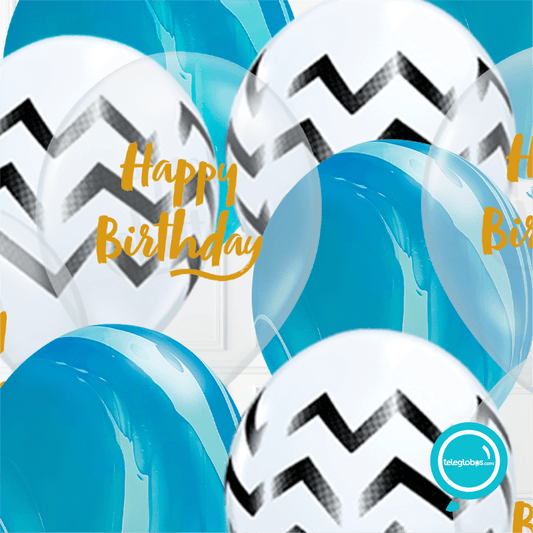 12 globos inflados con helio -Feliz cumpleaños y caritas con besitos