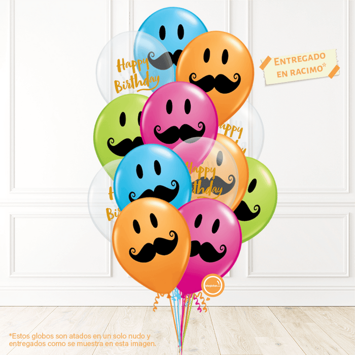 12 globos inflados con helio -Happy Birthday/Bigotes- Bio* -RAC017- | Globos y Regalos Teleglobos.com.mx.