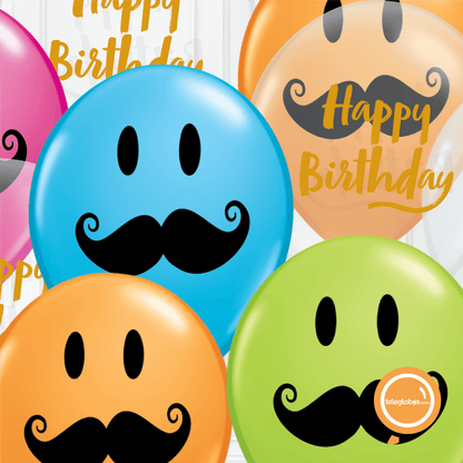 12 globos inflados con helio -Happy Birthday/Bigotes- Bio* -RAC017- | Globos y Regalos Teleglobos.com.mx.