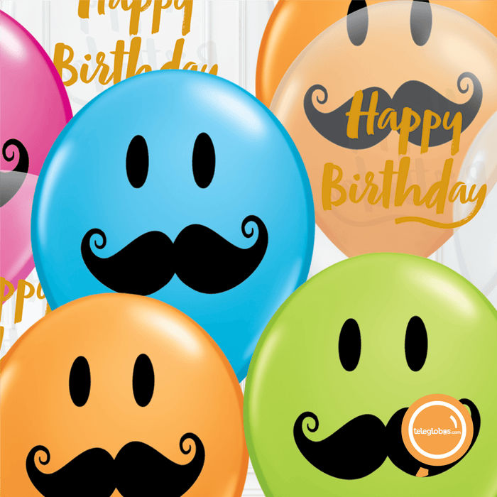 12 globos inflados con helio -Happy Birthday/Bigotes- Bio* -RAC017- | Globos y Regalos Teleglobos.com.mx.