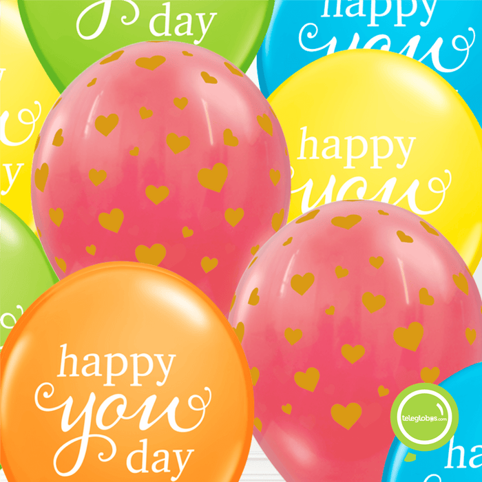 12 globos inflados con helio -Happy You Day/Corazones- Bio* -RAC018- | Globos y Regalos Teleglobos.com.mx.