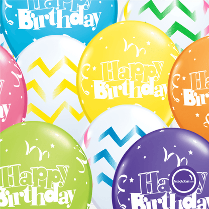 12 globos inflados con helio -Happy Birthday/Rayas- Bio* -RAC020- | Globos y Regalos Teleglobos.com.mx.