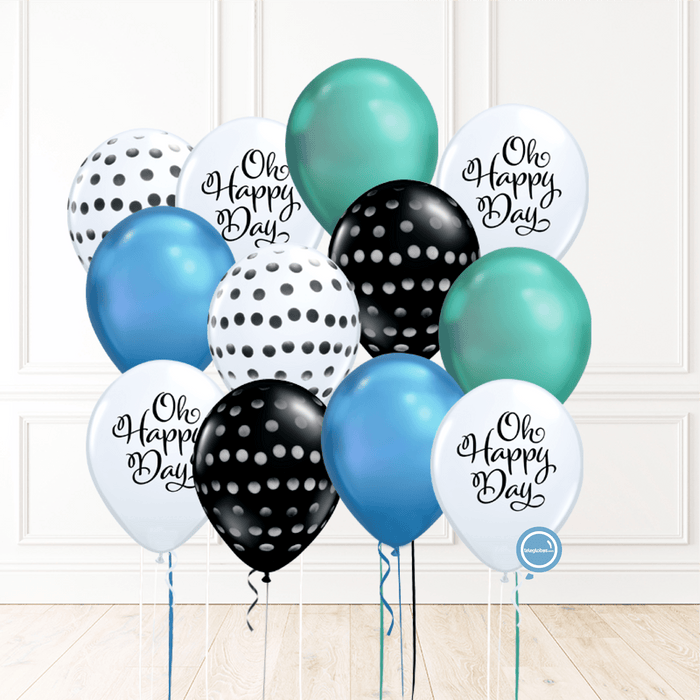 12 globos inflados con helio -Oh Happy Day/Cromo/B&W Caballero- Bio* -RAC023- | Globos y Regalos Teleglobos.com.mx.
