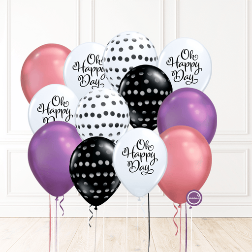 12 globos inflados con helio -Oh Happy Day/Cromo/B&W Dama- Bio* -RAC024- | Globos y Regalos Teleglobos.com.mx.