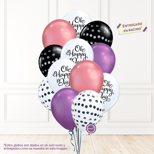 12 globos inflados con helio -Oh Happy Day/Cromo/B&W Dama- Bio* -RAC024- | Globos y Regalos Teleglobos.com.mx.