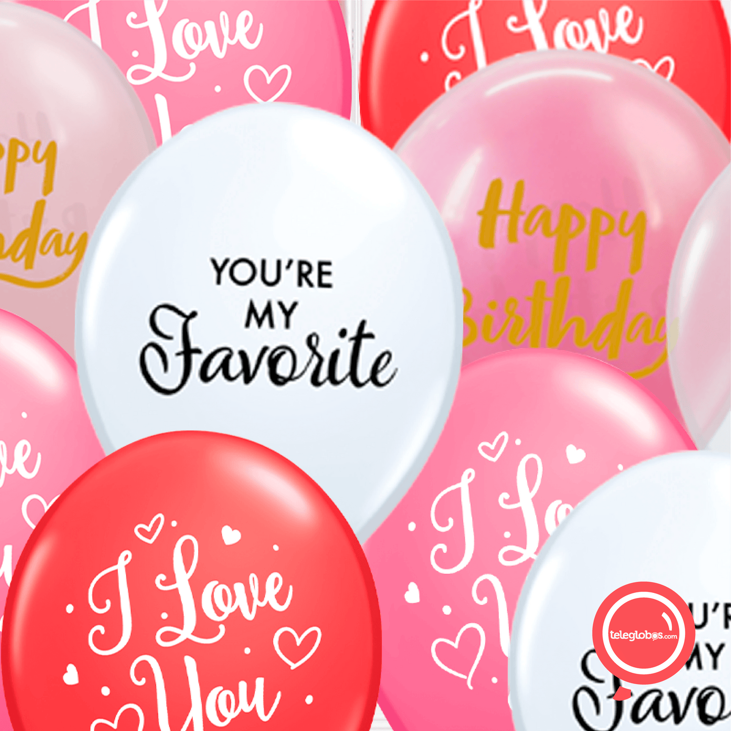 14 balloons inflated with helium -I Love You/You're my Favorite/Happy Birthday- Bio* -RAC009-