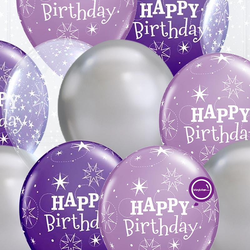 12 globos inflados con helio -Birthday Lila & Cromo- Bio* -RAC033-