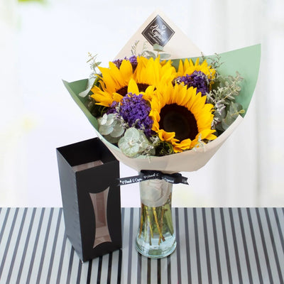 Ramillete de Girasoles_Limonio y Espuma. Flores con entrega a domicilio CDMX Ponch y Caprico.