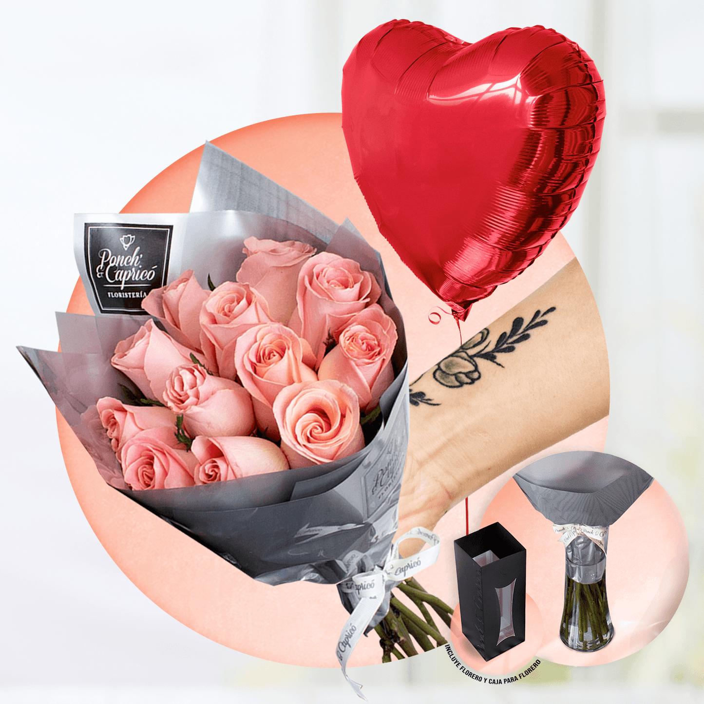 Ramillete de 12 rosas hermosas + Florero + Corazón Rojo de 18" inflado con helio -SET065-