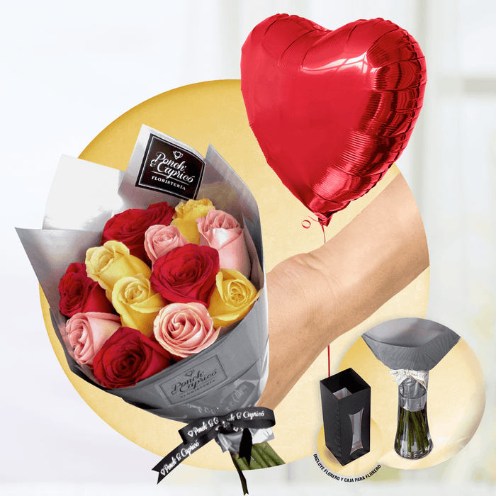 Ramillete de 12 rosas rojas, amarillas y hermosas + Florero + Corazón Rojo de 18" inflado con helio -SET065-