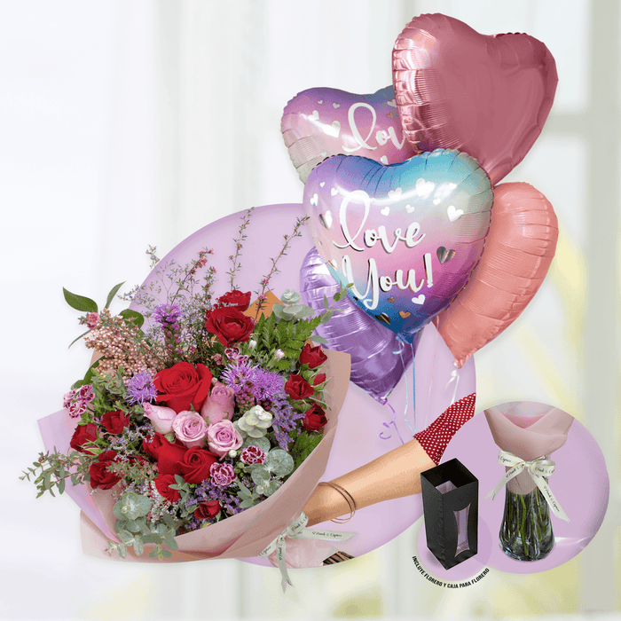 Ramillete de Rosas Rojas, Rosas Lilas, Mini Rosa Roja y Limonio Morado - PRAM043 -