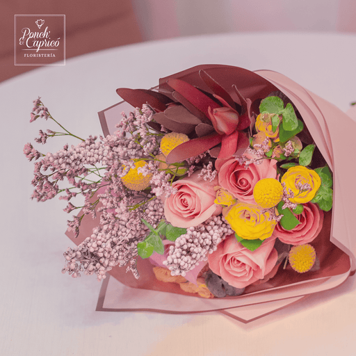 Ramillete de Rosa Hermosa, Rosa Lila y Mini Rosa Amarilla - PRAM038_3 Ponch y Caprico Floreria Domicilio CDMX Mexico