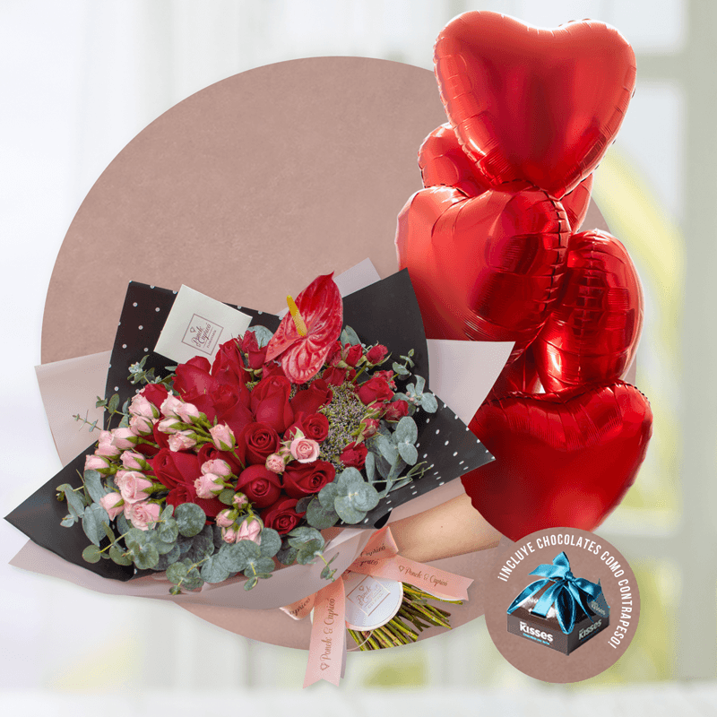 Ramo de flores de Rosas Rojas, Mini Caricia, Mini Rosas y Anturio Rojo -ALA018-