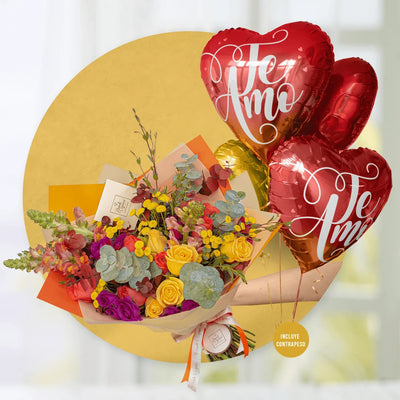 Yellow rose flower bouquet, coral roses, mini roses and preserved red eucalyptus -la017-