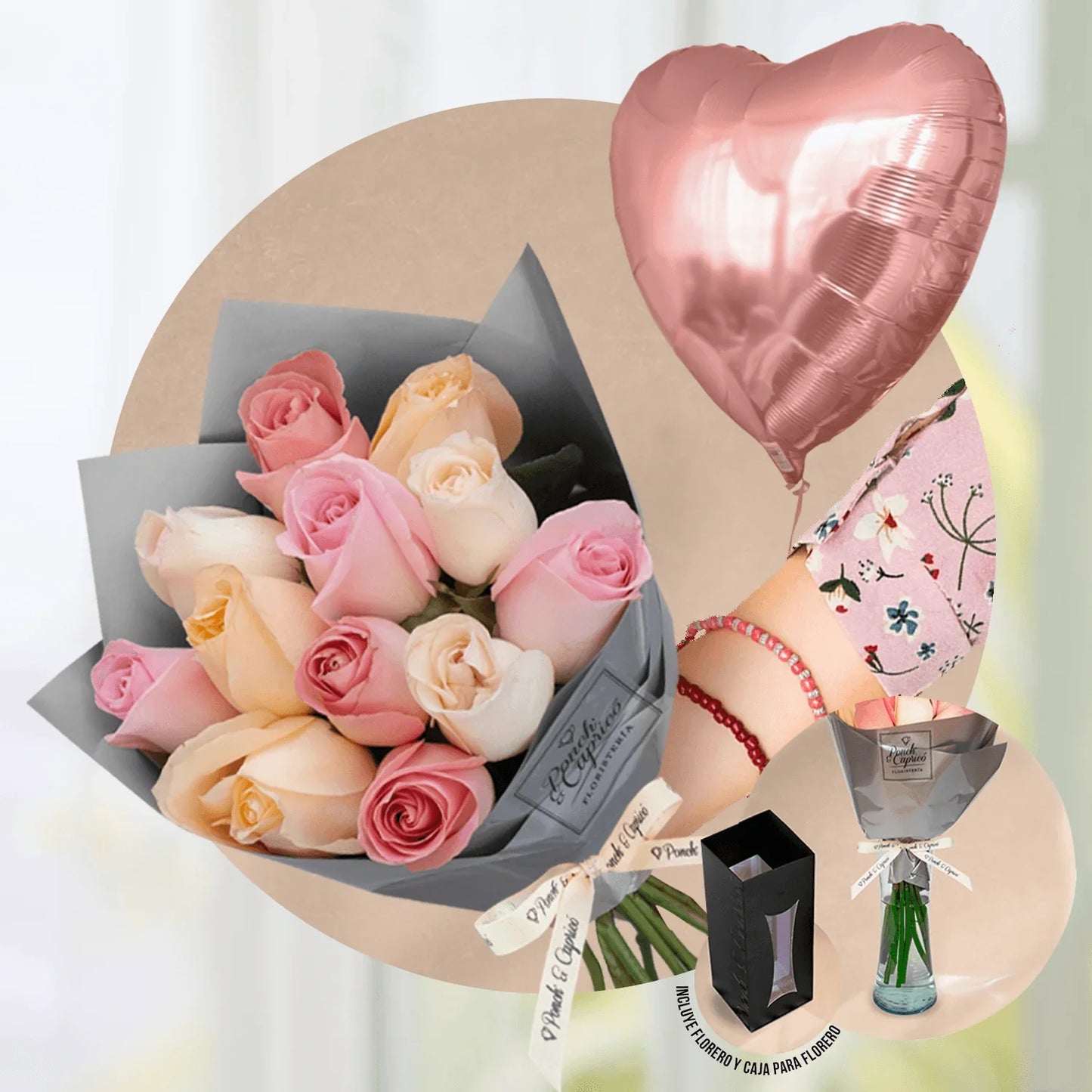 Ramillete de 12 Rosas Mix (color a elegir) + Florero + Corazón Pastel de 18" inflado con helio -SET068-