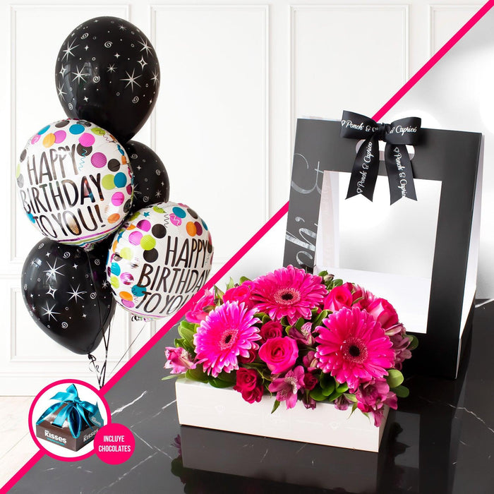 Canasta de Gerberas, Rosas y Mini Rosas Fuchsia + Bouquet de Globos Happy Birthday -SET007-