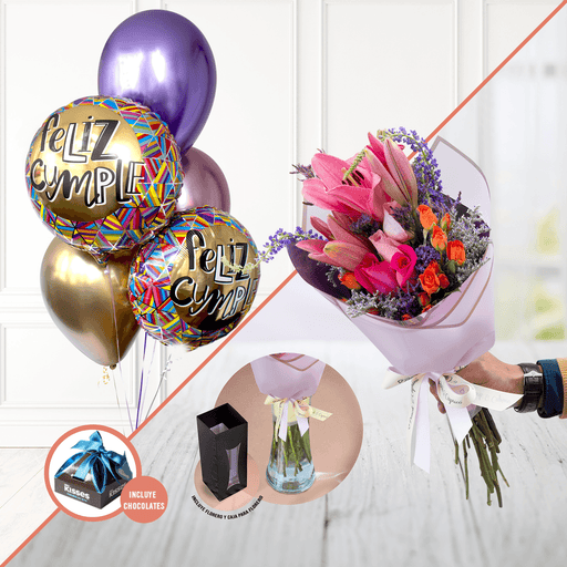 Ramillete de Mini Rosa Naranja, Lillies y Rosa Fucsia + Bouquet de Globos -SET037-