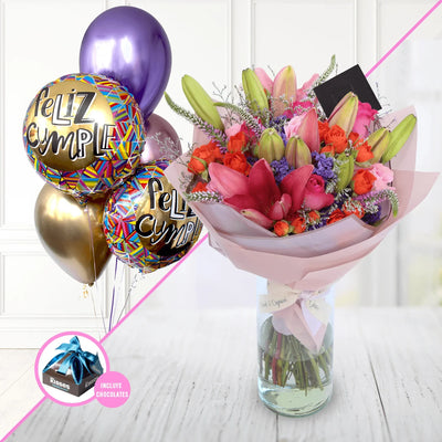 Ramillete de Mini Rosa Naranja, Lillies y Rosa Fucsia + Bouquet de Globos -SET037-