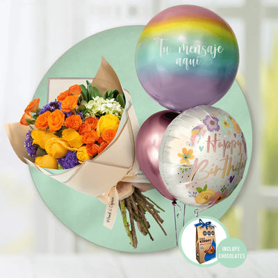 Ramillete de Rosas, Mini Rosas y Hortensias + Bunch de Globos con Helio Personalizado -SET047-